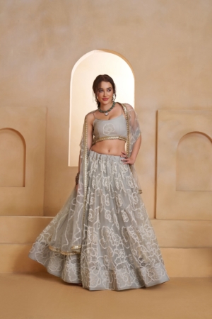 Elegant Party Wear Light Grey Color Butterfly Net Lehenga Choli with Sequins & Beads Embroidered