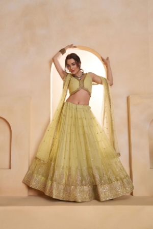 Stylish Butterfly Net Embroidered Party Wear Lehenga Choli with Dupatta In Lemon Yellow Color