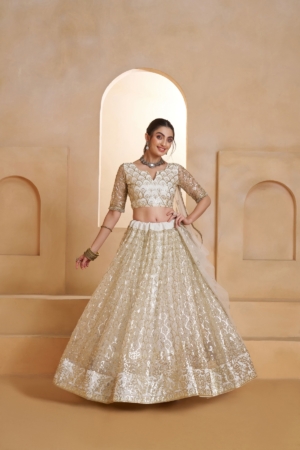 Designer Butterfly Net Lehenga Choli In Off-White Color With Sequins & Thread Embroidery for Women