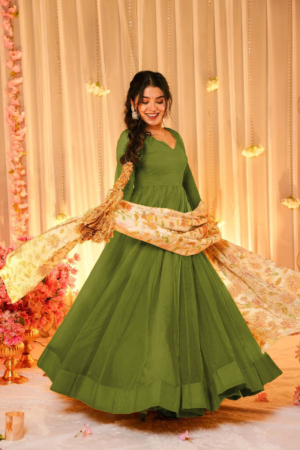 Party Wear Soft Silk Green Gown with Tabby Silk Digital Printed Dupatta For Ceremonial