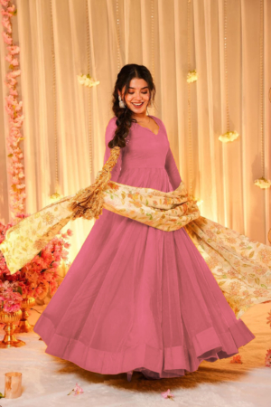 Premium Soft Silk Readymade Ethnic Gown with Tabby Silk Dupatta For Festive Wear