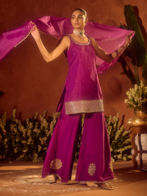 Attractive Viscose Chanderi Purple Readymade Suit with Organza Dupatta and Designer Embroidery Work