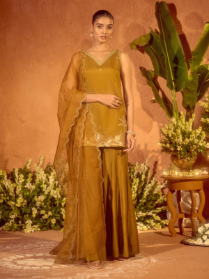 Festive Wear Viscose Mustard Chanderi Top Bottom Suit with Embroidered Organza Dupatta