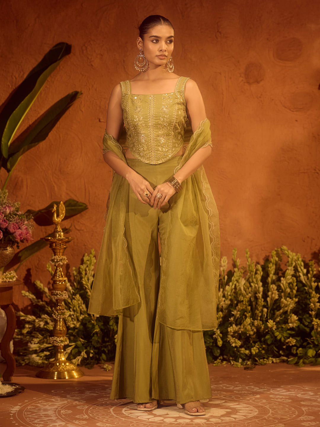 Trendy Readymade Viscose Chanderi Suit Set with Designer Embroidery and Organza Dupatta