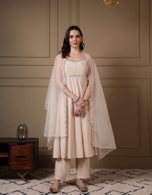 Designer Embroidered Viscose Chanderi Suit with Stylish Organza Dupatta For Engagement