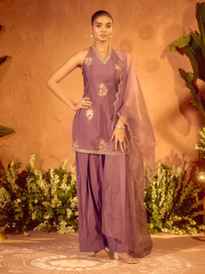 Graceful Viscose Chanderi Palazzo Set with Embroidered Detailing and Organza Dupatta For Ceremonial