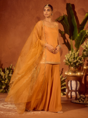 Festive Wear Viscose Chanderi Palazzo Suit with Designer Embroidery and Organza Dupatta