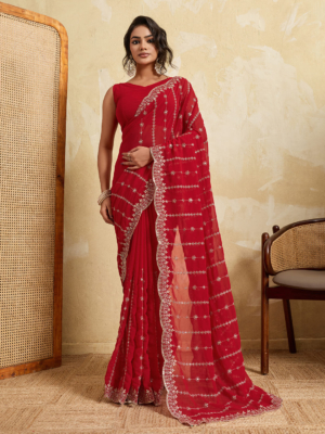Attractive Party Wear Red Georgette Saree with Designer Cut Work
