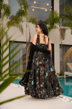 Trendy Ready-to-Wear Black Air Text Fabric Long Gown With Georgette Dupatta For Evening