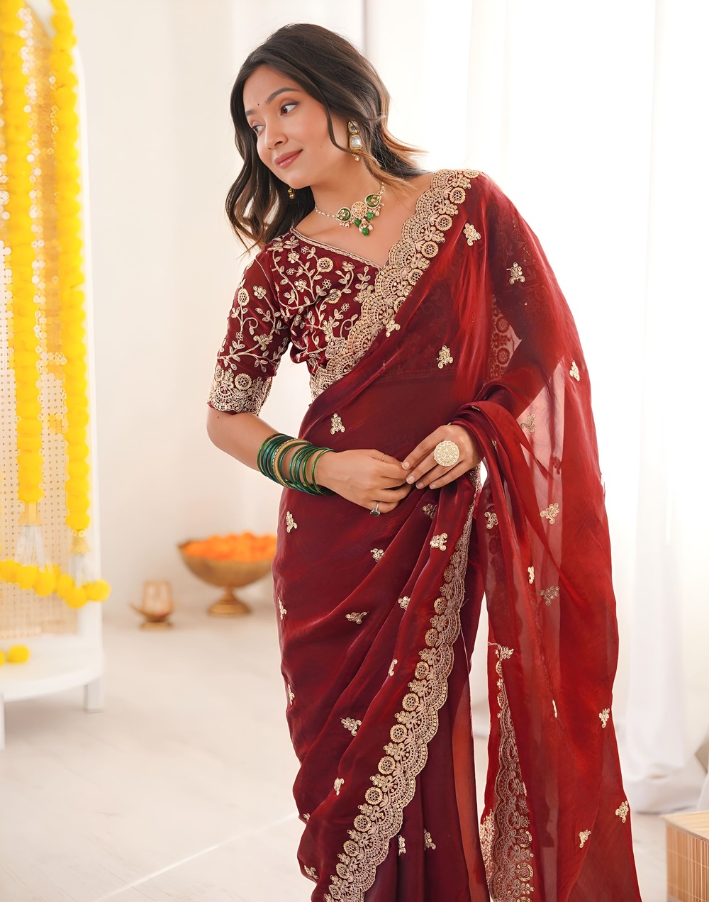 Party Wear Maroon Satin Silk Saree with Designer Embroidery Work - Image 3