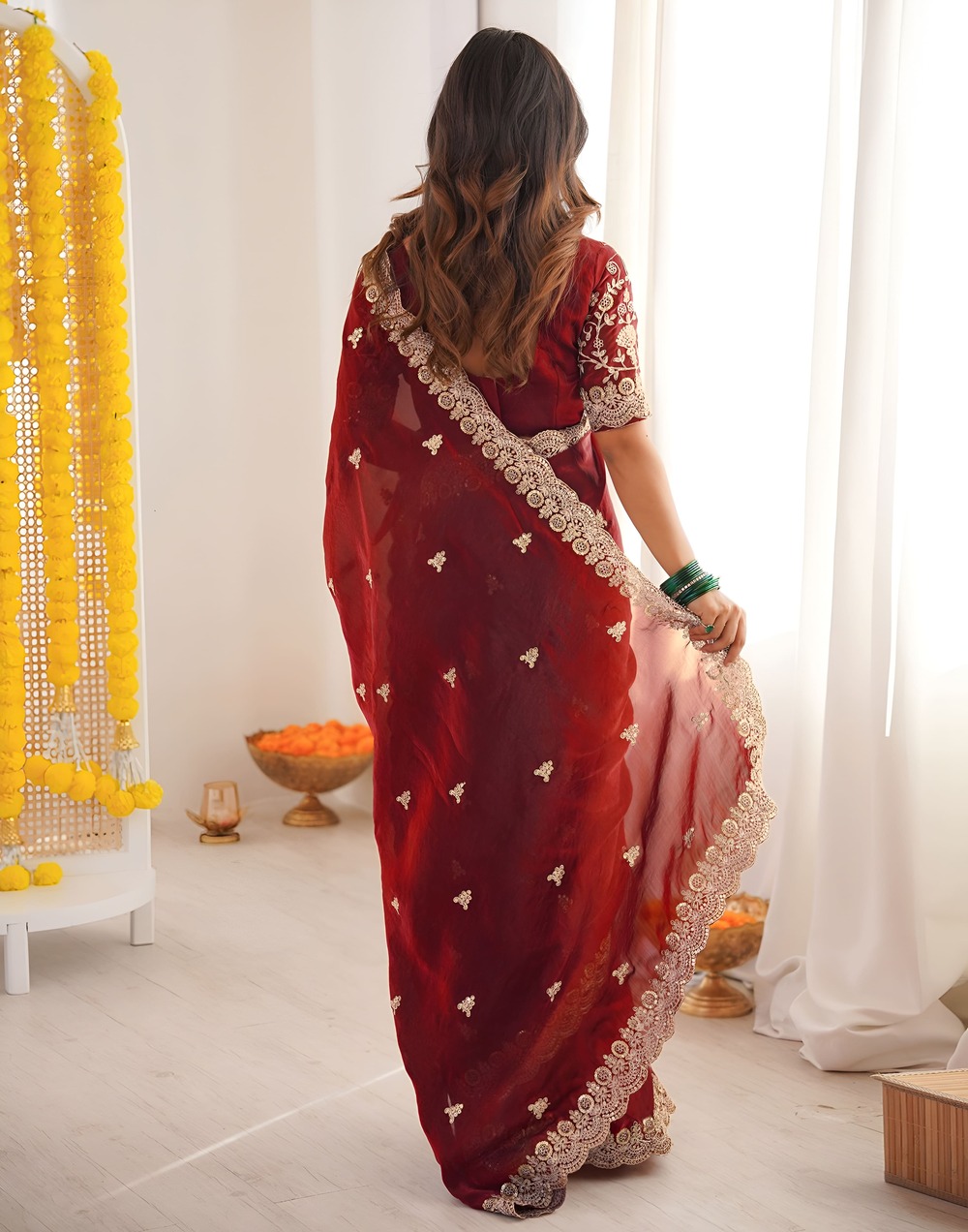 Party Wear Maroon Satin Silk Saree with Designer Embroidery Work - Image 2