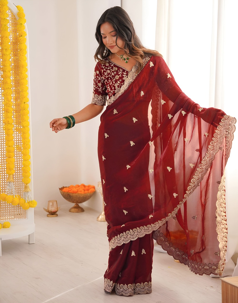 Party Wear Maroon Satin Silk Saree with Designer Embroidery Work