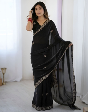 Royal Black Fendy Satin Silk Saree with Sequin Embroidery Work