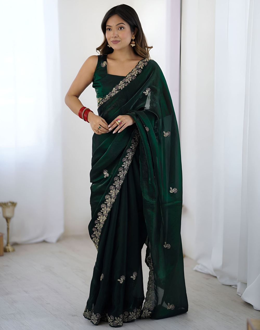 Royal Green Fendy Satin Silk Saree with Sequin Embroidery Work
