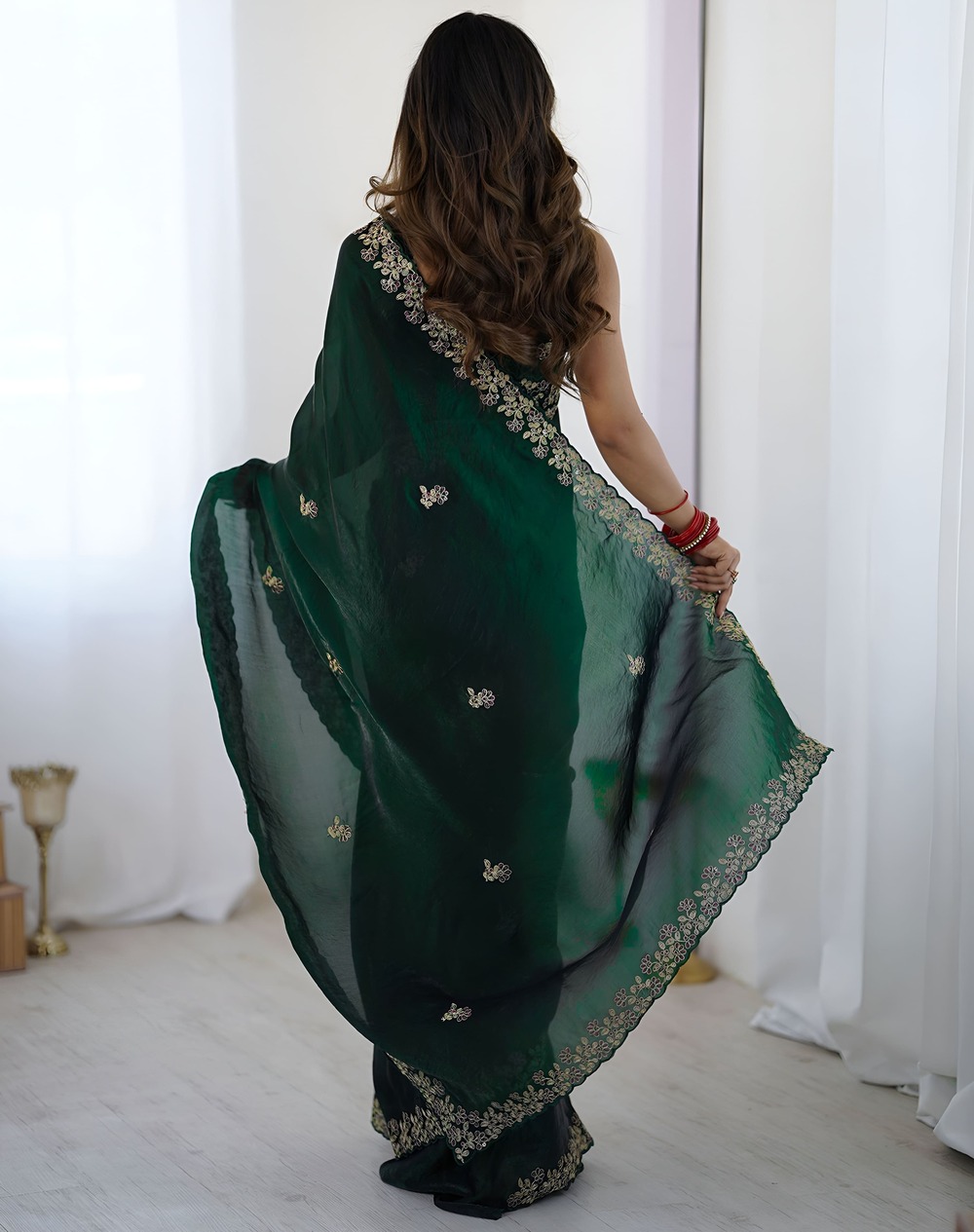Royal Green Fendy Satin Silk Saree with Sequin Embroidery Work - Image 2
