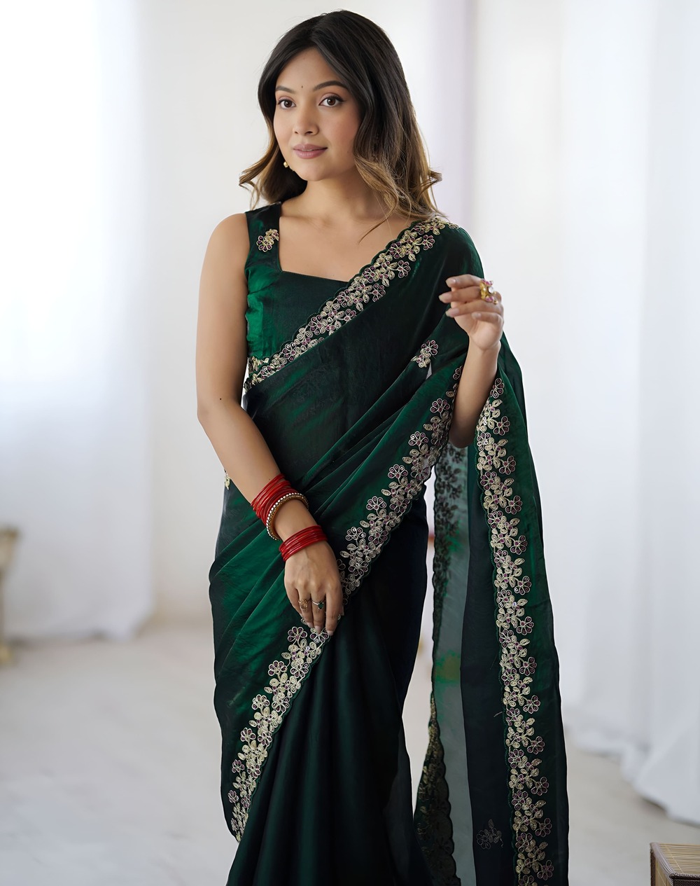 Royal Green Fendy Satin Silk Saree with Sequin Embroidery Work - Image 3