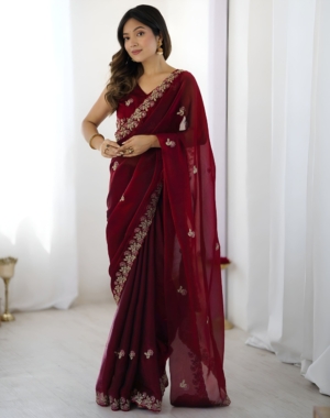 Royal Maroon Fendy Satin Silk Saree with Sequin Embroidery Work