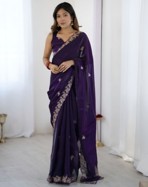 Designer Purple Satin Silk Saree with Elegant Sequence Embroidery