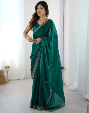 Designer Rama Satin Silk Saree with Sequin Work For Festive & Wedding
