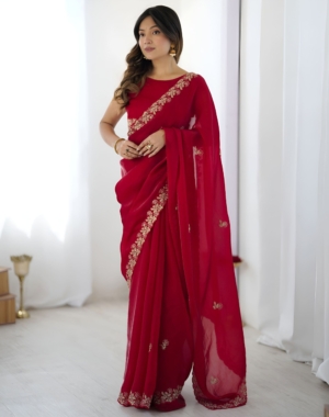 Party Wear Designer Red Fendy Satin Silk Saree with Sequence Embroidery
