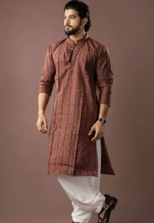 Printed Ethnic Maroon Modal Silk Kurta Pajama Set for Men