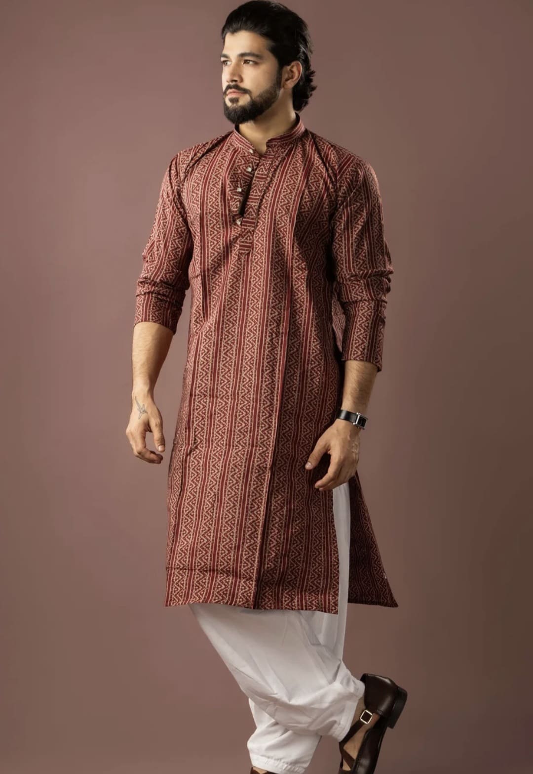 Printed Ethnic Maroon Modal Silk Kurta Pajama Set for Men