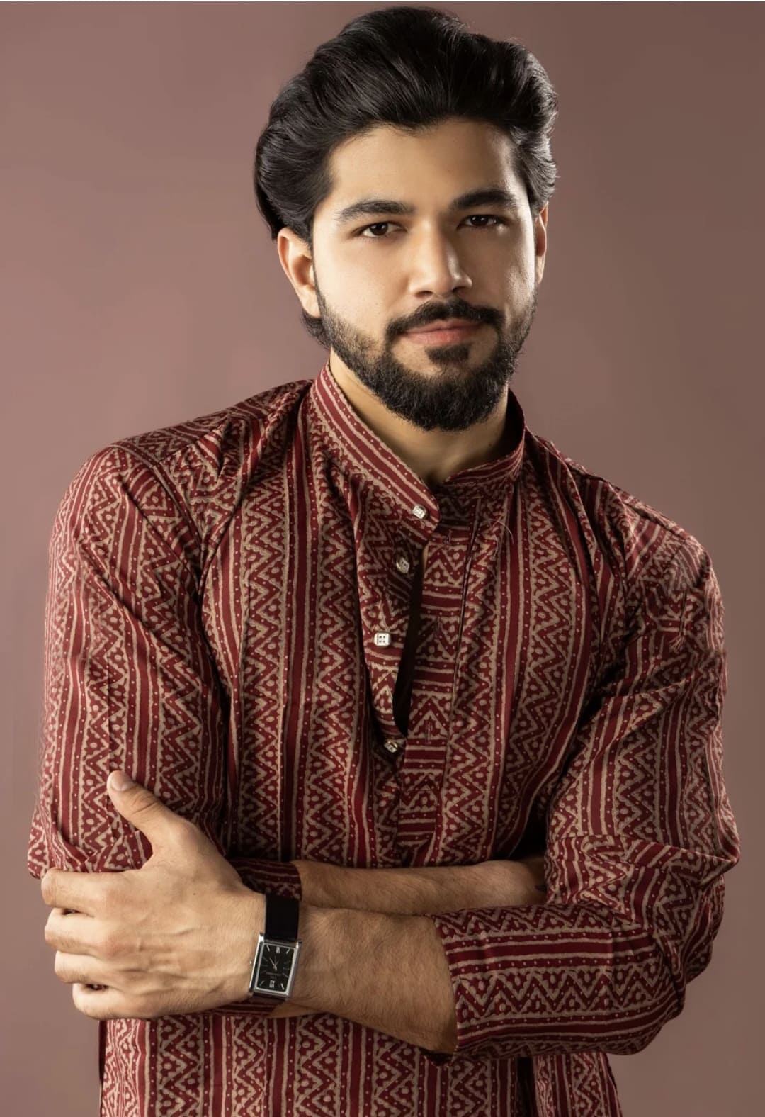 Printed Ethnic Maroon Modal Silk Kurta Pajama Set for Men - Image 3