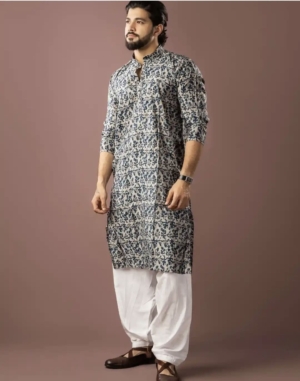 Men’s Party Wear Blue Designer Printed Kurta Pajama in Modal Silk