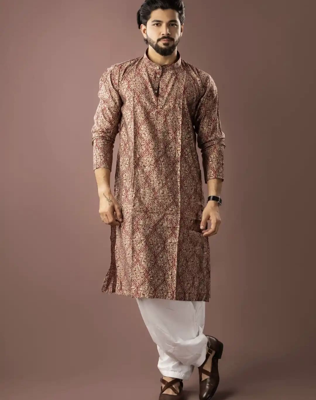 Stylish Readymade Red Kurta Pajama Set in Modal Silk with Designer Print