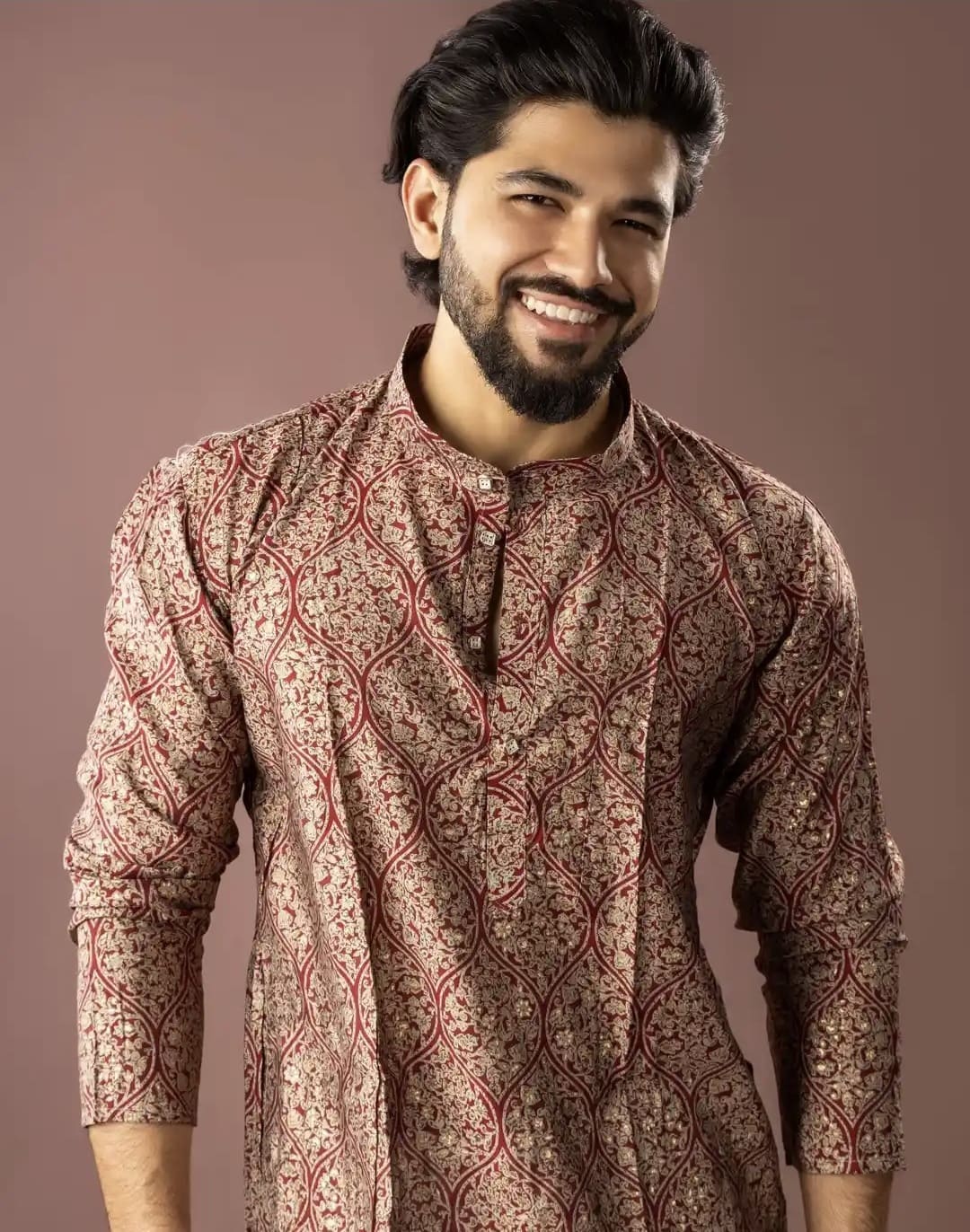 Stylish Readymade Red Kurta Pajama Set in Modal Silk with Designer Print - Image 4