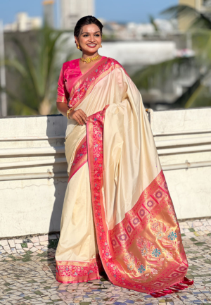 Cream Gala Soft Silk Zari Woven Paithani Saree With Paithani Pallu