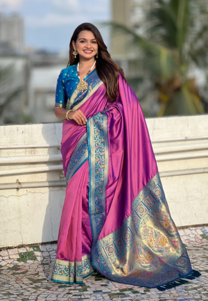 Lavender Gala Soft Silk Zari Woven Paithani Saree With Paithani Pallu