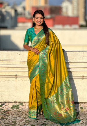 Mustard Gala Soft Silk Zari Woven Paithani Saree With Paithani Pallu