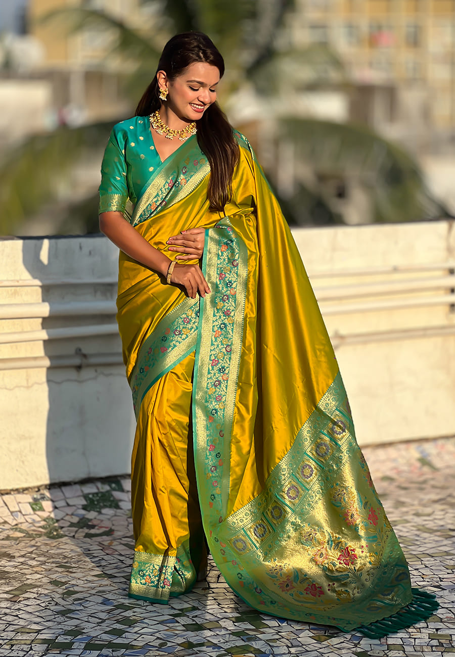 Mustard Gala Soft Silk Zari Woven Paithani Saree With Paithani Pallu - Image 3