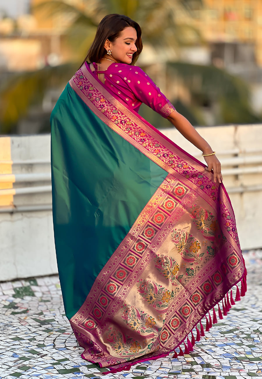 Gala Soft Silk Zari Woven Paithani Saree in Rama Color With Paithani Pallu - Image 2