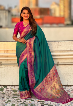 Gala Soft Silk Zari Woven Paithani Saree in Rama Color With Paithani Pallu