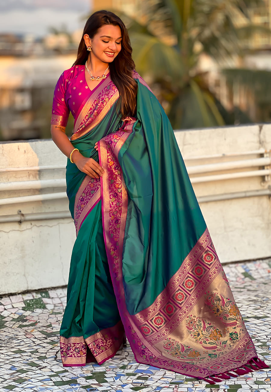 Gala Soft Silk Zari Woven Paithani Saree in Rama Color With Paithani Pallu - Image 3