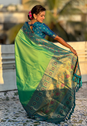 Elegant Pista Green Gala Soft Silk Zari Woven Paithani Saree with Traditional Paithani Pallu