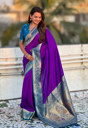 Royal Purple Gala Soft Silk Zari Woven Paithani Saree with Traditional Paithani Pallu