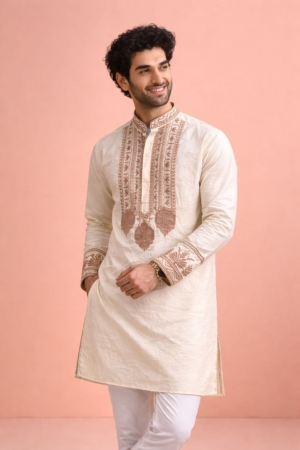 Men's Festive Wear Cream Color Rolex Silk Kurta Pajama Set with Designer Print