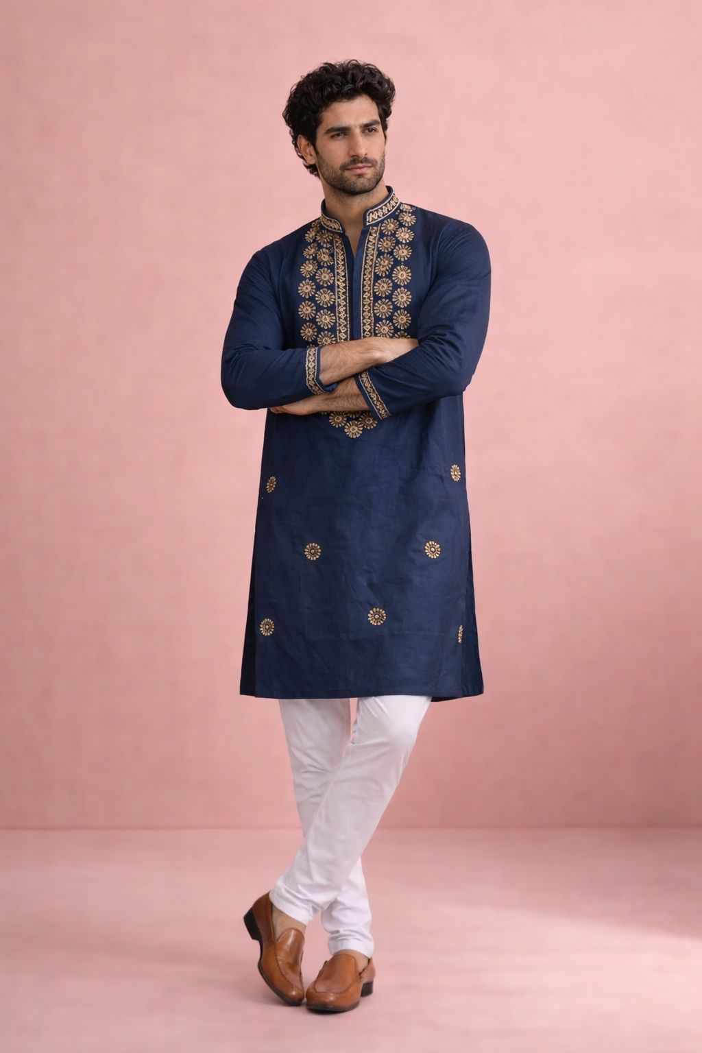 Luxury Men's Navy Blue Kurta Pajama with Designer Print for Wedding & Party - Image 3