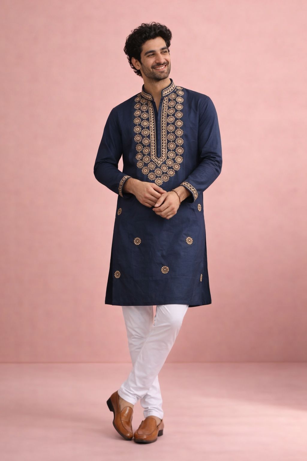 Luxury Men's Navy Blue Kurta Pajama with Designer Print for Wedding & Party - Image 2