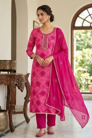 Stylish Party Wear Pink Color Muslin Unstitched Suit Set with Designer Print & Hand Work