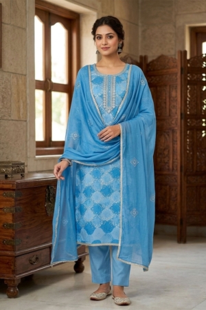 Premium Sky Blue Muslin Unstitched Suit with Hand Work & Nazmin Dupatta For Marriage