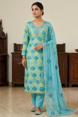 Designer Digital Printed Sea Green Muslin Unstitched Suit with Nazmin Dupatta for Women