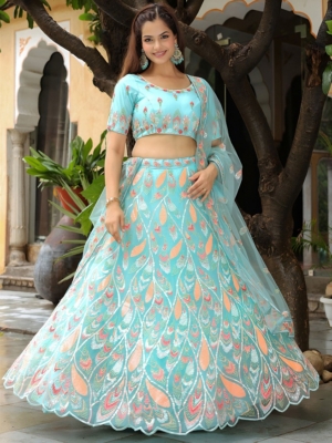 Elegant Sky Blue Soft Net Semi-Stitched Lehenga Choli For Women