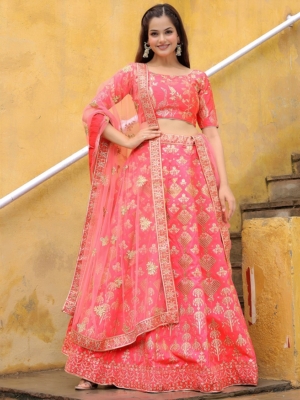 Designer Slub Silk Semi-Stitched Lehenga Choli In Peach Color with Soft Net Dupatta
