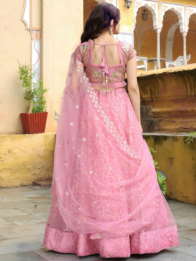 Pink Net Lehenga Choli with Thread & Sequence Embroidery Work For Wedding - Image 2