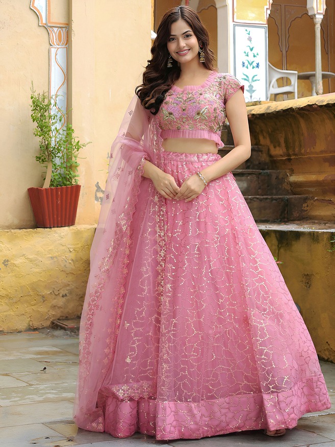 Pink Net Lehenga Choli with Thread & Sequence Embroidery Work For Wedding