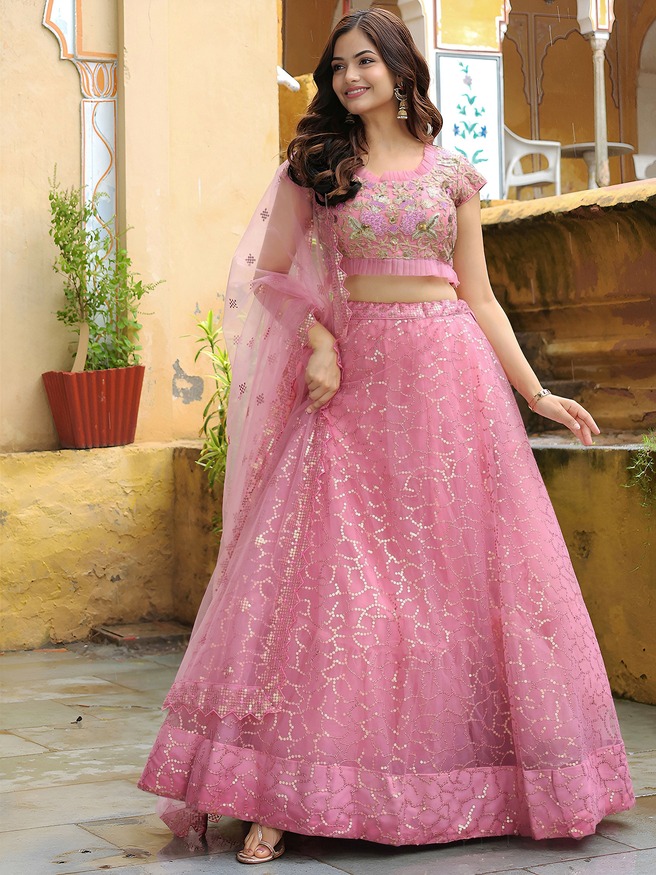 Pink Net Lehenga Choli with Thread & Sequence Embroidery Work For Wedding - Image 3
